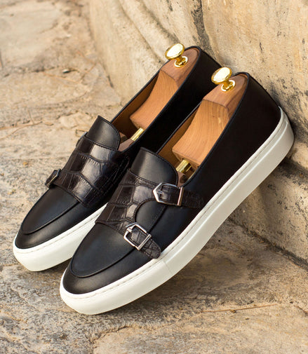 Black Croc Double Monk Boat Shoe