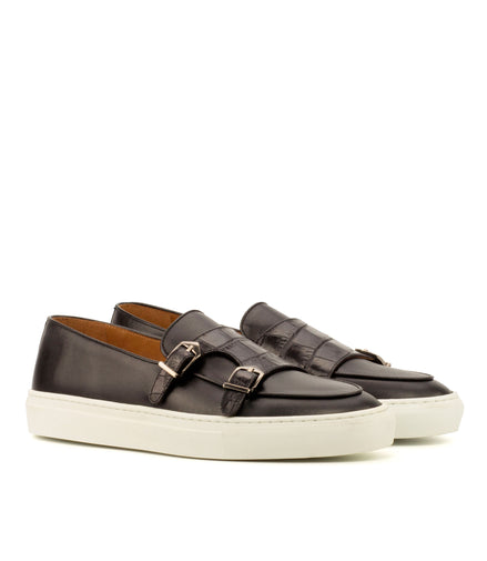 Black Croc Double Monk Boat Shoe